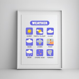 Impression météo, décor mural pour enfants, impression éducative, affiche météo pour enfants, décor d’école à la maison, tableau météo, art mural en classe