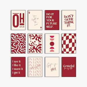 Red Trendy Retro Wall Art Set of 12, Girly Wall Art, Aesthetic Print, Positive Quotes, Bedroom Decor, Gift for her, Gallery Wall Prints