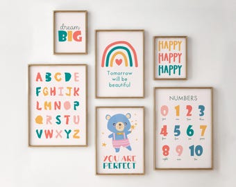 Nursery Art Set of 6 Prints, Rainbow Nursery Wall Art, Kids Room Decor, Playroom Decor, Classroom Wall Art, Homeschool, Kids Prints