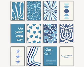 Blue Wall Retro Gallery Print Set of 12, preppy beachy room aesthetic, Trendy Wall Art, blue wall art prints, Dorm Gallery Wall