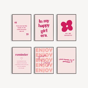 Pink Gallery Wall Art, Cute Boho Dorm Room Art Set of 6, Girl Affirmation Wall Art, apartment decor, Self-love Quotes, Girly Decor