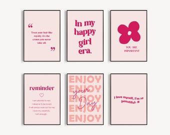 Pink Gallery Wall Art, Cute Boho Dorm Room Art Set of 6, Girl Affirmation Wall Art, apartment decor, Self-love Quotes, Girly Decor