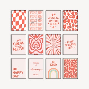 Set of 12 Print Gallery Wall Art, Aesthetic Retro Decor, Girly Wall Art, Cute Bedroom Decor, Positive Quotes, retro pink, Printable Wall Art