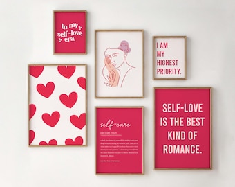 self-care wall art set of 6, Printable wall art, Positive Quotes, affirmation wall art, manifest poster, Girly Wall Art, Pink Decor