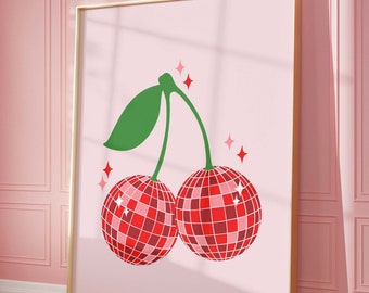 Retro Disco Art Print out poster funky disco decor, Disco Ball Print, cherry fruit print, Preppy Wall Art, apartment decor, Y2K Room Decor
