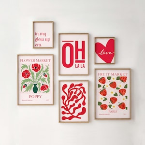 Conjunto de pared de galería roja, conjunto de arte de pared moderno, decoración de mercado de flores, pared de fresas, decoración de dormitorio, regalo de arte de pared femenino, descarga de arte digital