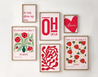 Red Gallery Wall Set, Trendy Wall Art Set, Flower Market Decor, Strawberry Wall, Bedroom Decor, Girly Wall Art Gift, Digital Art Download