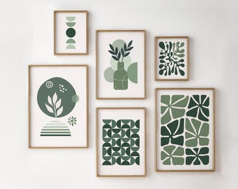 Sage Green Boho Wall Prints Set of 6, Aesthetic Abstract Prints, Boho Living Room Wall, Mid Century Prints, Boho Abstract Wall Art