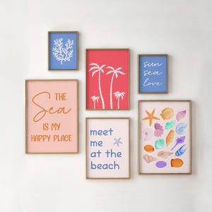 Coastal Gallery Wall Art Set of 6, Trendy Beach House Decor, Cute Summer Art Prints, apartment decor aesthetic wall, seashell wall art