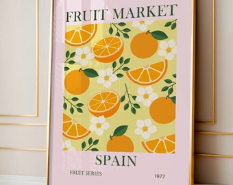 Fruit Market Prints, Fruit Poster, Colorful Art Print, Kitchen Fruit Wall Art, Kitchen Decor, Botanical Art, Orange Fruit Market