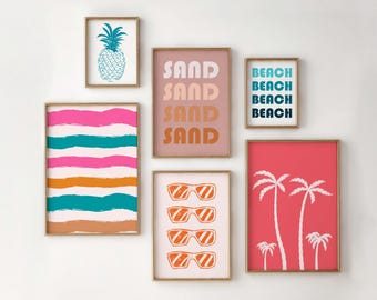 Arte de parede de verão azul, decoração moderna para casa de praia, parede de galeria costeira, arte de parede feminina, impressões de arte de verão fofas, download de arte digital