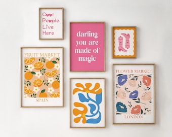 Set of 6 Gallery Wall Art,  Pink and Orange Wall Decor, Preppy Room Decor, Aesthetic Posters, Girl Room Decor, Cute Boho Wall