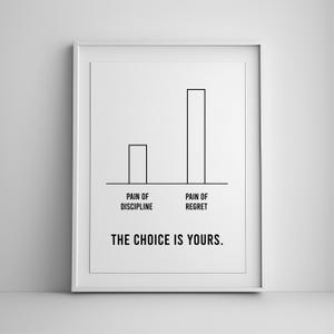 May include: Black and white motivational poster with a bar graph comparing the "Pain of Discipline" to the "Pain of Regret". The bar representing regret is much taller than the bar representing discipline. The text "THE CHOICE IS YOURS." is below the graph.