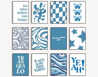 Blue Retro Gallery Print Set of 12, preppy Room aesthetic, Positive Quotes Decor, apartment decor, Light blue trendy decor