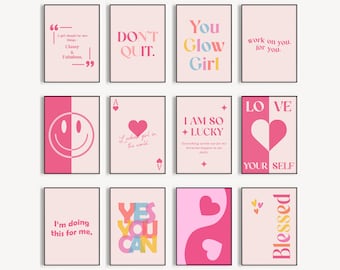 Pink Wall Art Bundle Set of 12, Girly cute wall art, Trendy Gallery Wall Art, Cute Boho Dorm Room Art Set, Lucky Girl Prints