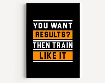 Puede incluir: Un póster motivacional con fondo negro y texto blanco y naranja. El texto dice: "¿QUIERES RESULTADOS? ENTONCES ENTRENAS COMO SI."