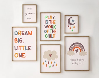 Kids Wall Art Set of 6 Prints, Kids Room Decor, Playroom Decor, Nursery Wall Art, Gift for Kids, Neutral Kids Decor, Digital Download