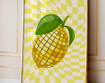 Lemon Disco Print, Trendy Funky Wall Art, Disco Ball Decor, Lemon fruit print y2k poster aesthetic college apartment decor, Preppy Wall Art