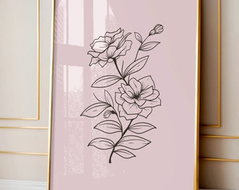 Blumendekor, Boho Blumenkunst, Schlafzimmer Wanddekor, Wohnzimmer Wanddekor, Botanisches Wanddekor, Rosa Wandkunst, Linie Kunst, Botanische Kunst