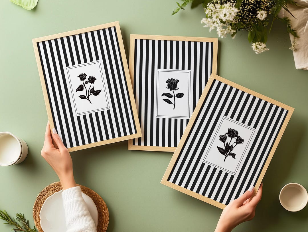 Minimalist Floral Prints Set of 3, Black and White Striped Illustration ...
