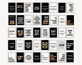 Puede incluir: Un conjunto de 36 carteles de motivación para el fitness en blanco y negro con texto dorado. Los carteles presentan citas inspiradoras sobre el entrenamiento, la forma física y una vida saludable. Algunas de las citas incluyen "Haz lo mejor", "Ponte en forma, no te rindas", "Cada día un nuevo comienzo", "El gimnasio nunca miente", y "Eres lo que comes".