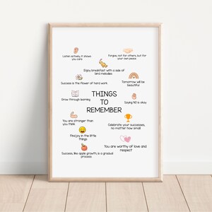 May include: A printable poster with a white background and colourful illustrations. The poster lists things to remember, such as "Listen actively, it shows you care", "Forgive, not for others, but for your own peace", "Success is the flower of hard work", "Grow through learning", "You are stronger than you think", "Find joy in the little things", "Success, like apple growth, is a gradual process", "Enjoy breakfast with a side of bird melodies", "Tomorrow will be beautiful", "Saying NO is okay", "Celebrate your successes, no matter how small", and "You are worthy of love and respect".