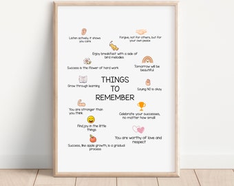 Things to Remember, Anxiety Relief Social Psychology Mental Health, Therapy Office Decor, Classroom Decor, Kids Wall Art, Homeschool