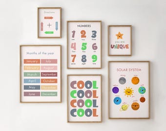 Kids Wall Art Set of 6, Nursery Art Set, Nursery Decor, Printable Wall Art, Kids Room Decor, Playroom Decor, Homeschool, Classroom Decor
