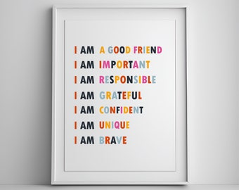 Affirmationen für Kinder, Affirmationen Poster, Klassenzimmer Poster, Ich bin Affirmationen, Spielzimmer Poster, Motivations Poster, Ich bin dankbar