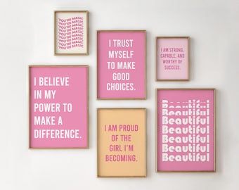 Meisjesgalerij muur set van 6, dagelijkse affirmaties muurkunst, meisjes muurdecoratie, poster positieve bevestiging voor meisjeskamer, meisjes slaapkamer print