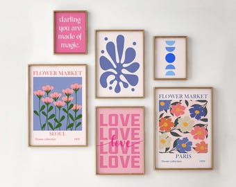 Pink and Blue Gallery Wall, Flower Market Decor, Cute Boho Dorm Room Art Set, Trendy Gallery Wall Art, Gift for her
