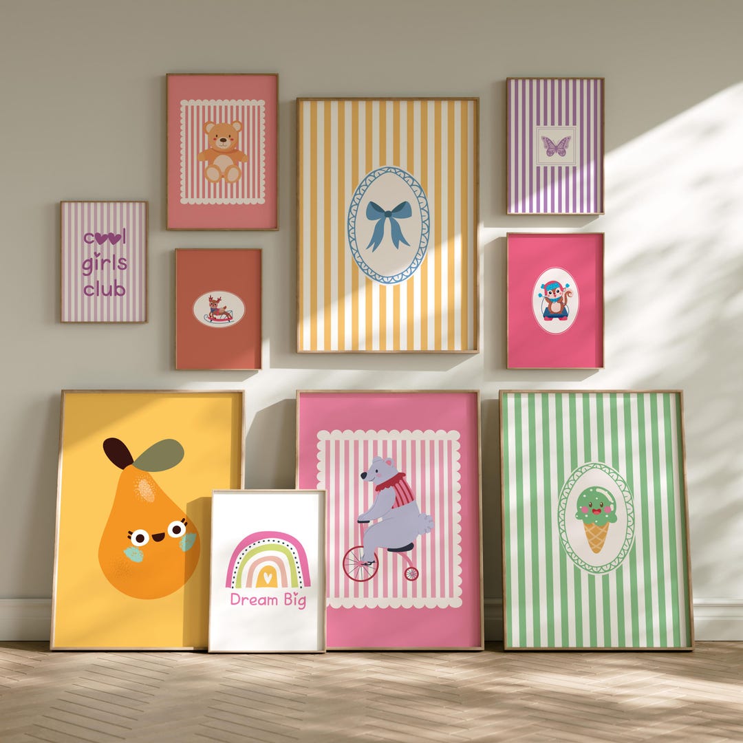 Girl Room Prints Set of 10, Kids Bundle Pink Wall Prints, Playful ...
