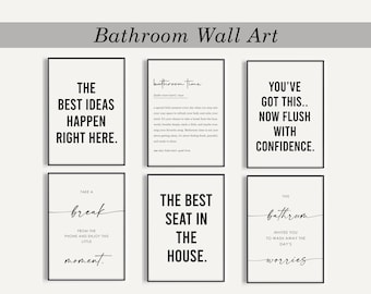 Badkamergalerij wandset, badkamerdefinitie, grappige badkamerinrichting, typografie kunst aan de muur, leuk bord badkamer, baddecoratie