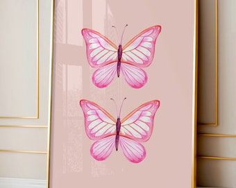 Pode incluir: Duas borboletas cor-de-rosa com detalhes brancos sobre um fundo rosa claro. As borboletas são pintadas em estilo aquarela.