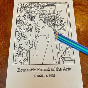 May include: Black and white line art coloring page of a woman smelling a rose. The text "Romantic Period of the Arts c. 1825 - c. 1920" is at the bottom of the page.