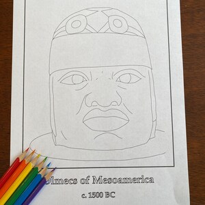 May include: A black and white line drawing of a large stone head with a headdress. The text "Olmecs of Mesoamerica c. 1500 BC" is below the image.