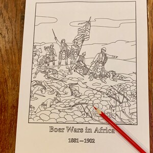 May include: A black and white line drawing of a historical battle scene. Soldiers in kilts are standing over fallen soldiers. The text "Boer Wars in Africa 1881-1902" is at the bottom of the image.
