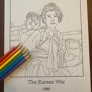 May include: A black and white line drawing of a woman carrying a child. The woman is wearing a long dress and the child is wearing a short-sleeved shirt. The drawing is titled "The Korean War 1950".