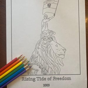 May include: A black and white line drawing of a person standing on a lion statue holding a flag with a symbol on it. The text "Rising Tide of Freedom 2003" is below the image.