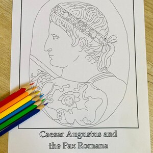 May include: A black and white line drawing of Caesar Augustus, with text that reads "Caesar Augustus and the Pax Romana 27 BC". A set of rainbow colored pencils are arranged on the left side of the image.