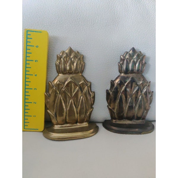 Vintage Brass Metal Pineapple Bookends 6 .5" 6 1/2 heavy sturdy gold color