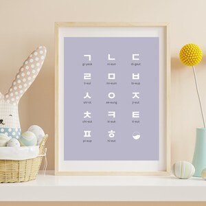May include: A light purple poster with white Korean characters and their romanized pronunciations. The poster is framed in a light wood frame and is hanging on a white wall. There is a stuffed bunny rabbit and a basket of Easter eggs in front of the poster.