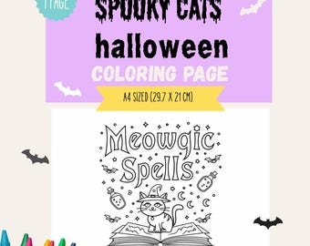 Könnte beinhalten: Eine Halloween-Malvorlage mit einer Schwarz-Weiß-Illustration einer Katze mit Hexenhut auf einem offenen Buch. Die A4-Seite (29,7 x 21 cm) trägt den Text "Spooky Cats Halloween Coloring Page" und "Meowgic Spells".