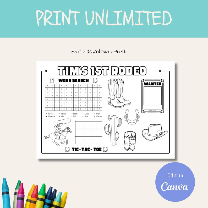 Editable 1st Rodeo Coloring Page: Western Birthday Party Activity ...