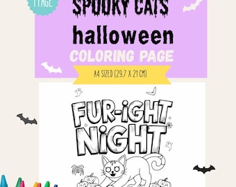 Könnte beinhalten: Ein Halloween-Malbuch mit dem Text "Spooky Cats" und "Fur-ight Night". Die A4-Seite (29,7 x 21 cm) zeigt eine Katze, Kürbisse und Fledermäuse. Buntstifte sind links unten zu sehen. Stil #21.