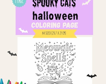 Könnte beinhalten: Eine Halloween-Malvorlage mit einer Schwarz-Weiß-Illustration einer Katze mit Hexenhut auf einem offenen Buch. Die A4-Seite (29,7 x 21 cm) trägt den Text "Spooky Cats Halloween Coloring Page" und "Meowgic Spells".