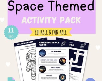 May include: A space-themed activity pack with the text "Space Themed ACTIVITY PACK" and "EDITABLE & PRINTABLE". The pack includes coloring pages, space facts, and a crossword puzzle. The pack has 11 pages and is available in PDF format.