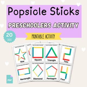 May include: A printable preschool activity featuring popsicle sticks. The image shows cards with shapes and numbers made from colorful popsicle sticks. Text includes "Popsicle Sticks," "Preschoolers Activity," and "Printable Activity."