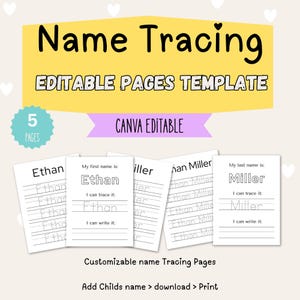 May include: Name tracing template with the name "Ethan" and "Miller" on white pages. The template includes lines for tracing and writing names. The text "Name Tracing" and "Editable Pages Template" are displayed in the image.