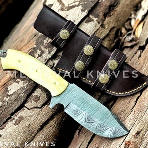 9&quot; Damascus Steel Handmade Hunting Knife With Cowhide Leather Sheath , Best Gift For Hunter , Personalized Knife , Camel Bone Knife